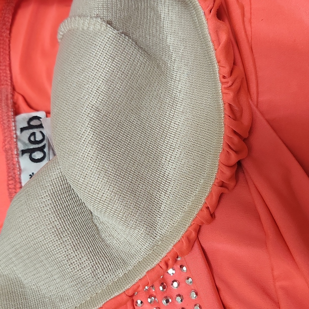 Y2K Vintage Deb Strapless Ruched NEON Orange Mini Dress Rhinestones S Party - Picture 9 of 16